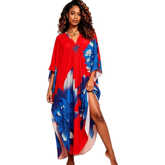 floral Kaftan Dresses for Women Plus size Beach cover up wave Batwing sleeve