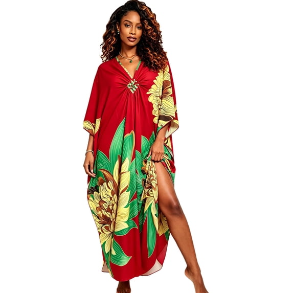 floral Kaftan Dresses for Women Plus size Beach cover up wave Batwing sleeve