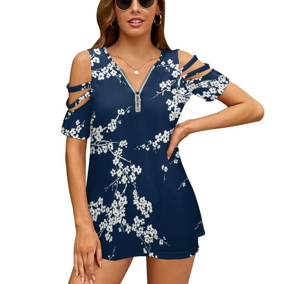 floral blue background Womens Summer V Neck Zipper Top Short Sleeve T Shirt Off Shoulder Top Casual Classy Loose Shirts