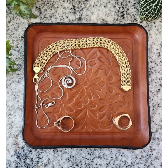 floral leather valet tray, premium 8 oz tan leather, embossed floral design