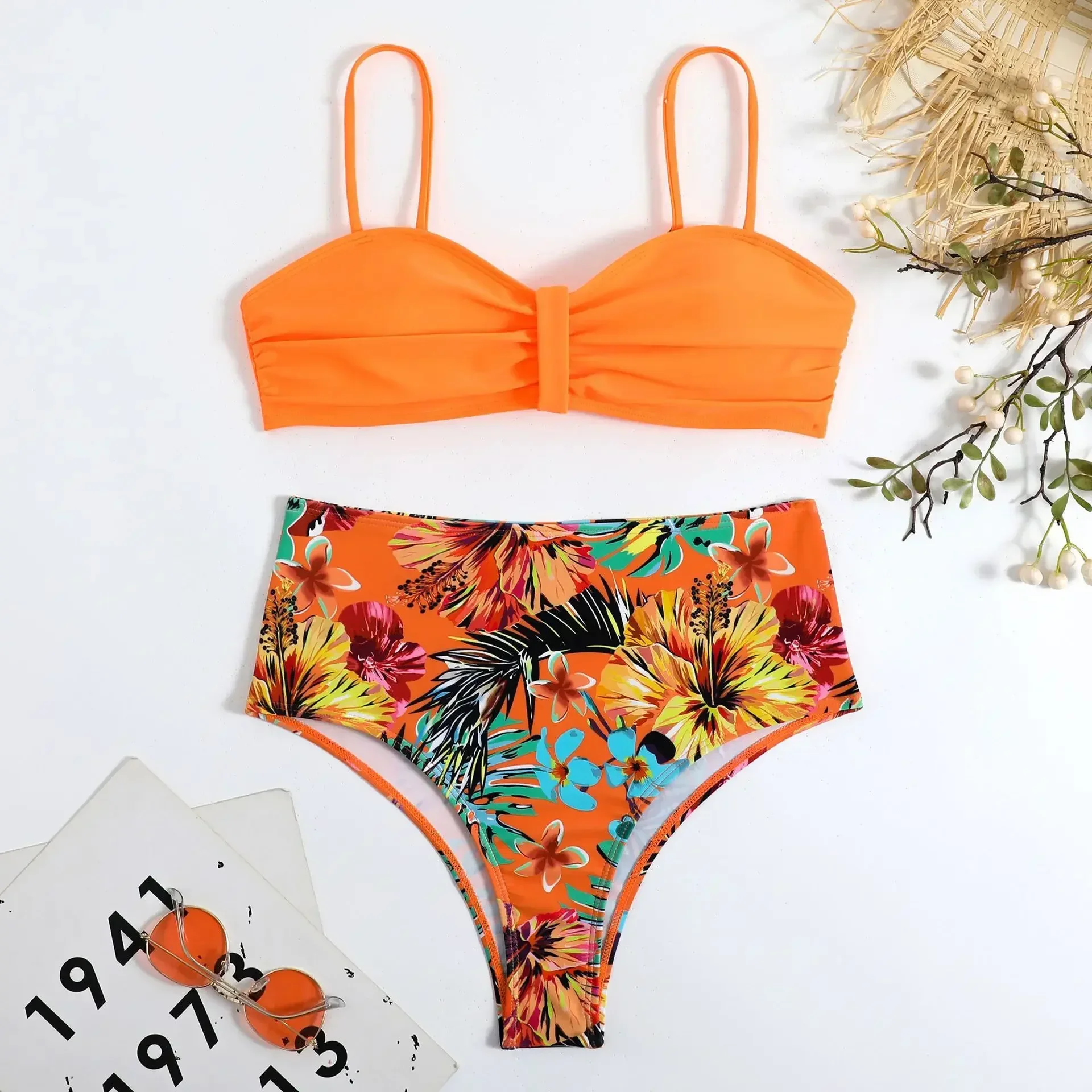 Floral Push Up Bikinis Sets Bandeau High Waist Swimsuit Swimwear