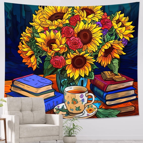 flower One Piece Tapestry Sunflower Bohemian Artistic Books Tea Desk Vase Floral Plant yellow blue Polyester Decorative Backdrop Couch Office Club Bar Ceiling home dorm Decor Hanging 60x40 inch