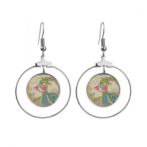flower en pheasant ukiyo-e japan earrings dangle hoop jewelry drop circle