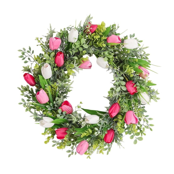 Flower Garland Decoration Spring Front Door Wreath 45cm Flower Garland Outdoor Decoration with Tulips Leaves Ferns forHome Wedding Party Festive Decor Elegant and Easy Maintenance