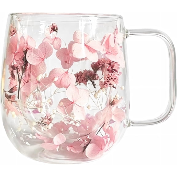 flower tea coffee mug, tazas de cafe bonitas cute floral cups for women, clear double wall glass espresso coffee mugs, spring aesthetic latte mug with handle, unique pink cups birthday gifts for girl