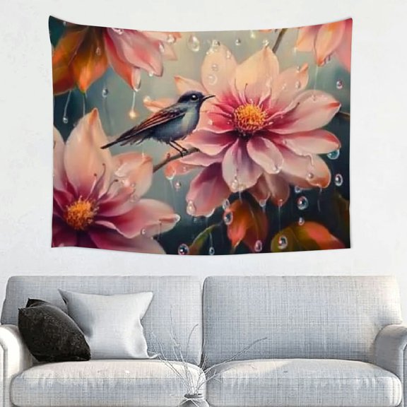 flowers bird water droplets for Bedroom Living Room Dorm, 100% Polyester Tapestry Suitable for hanging, Wall Hanging for decorative wall hanging, decorative bedroom, living room decoration