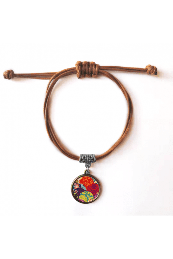 flowers chinese knot pattern japanese style bracelet leather hide wristband brown jewelry