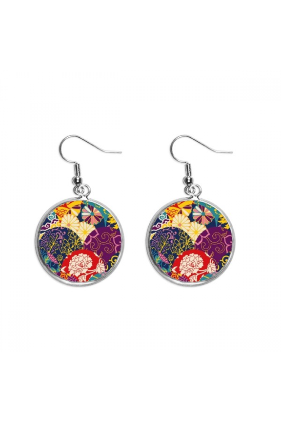 flowers dots pattern chinese japanese style asia ear dangle silver drop ear jewelry woman