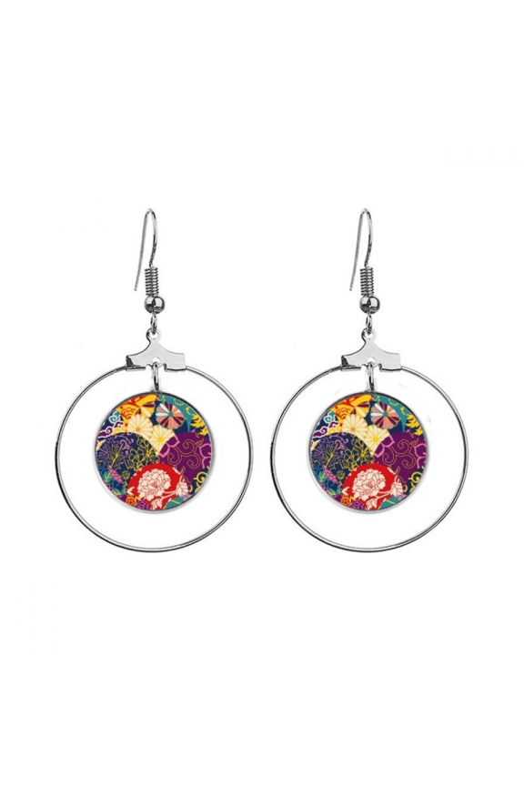 flowers dots pattern chinese japanese style asia earrings dangle hoop jewelry drop circle