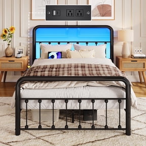 Fluest Full Bed Frame, Classic Metal Platform Bed Frame, with Charging Station and LED, No Need for Springs, Black