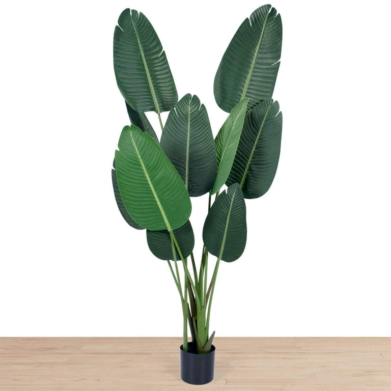 flybold Artificial Bird of Paradise Plant Fake Banana Leaf Plant 5 feet  Tall 10 Faux Green Large Silk Leaves with Durable Pot for Home Indoor  Outdoor