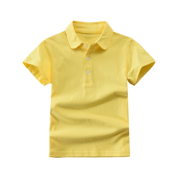 flyskyup Boys Cotton T-Shirts Unisex Turndown Collar Short Sleeve Button Tee Tops Solid Color Summer Comfort School Uniform
