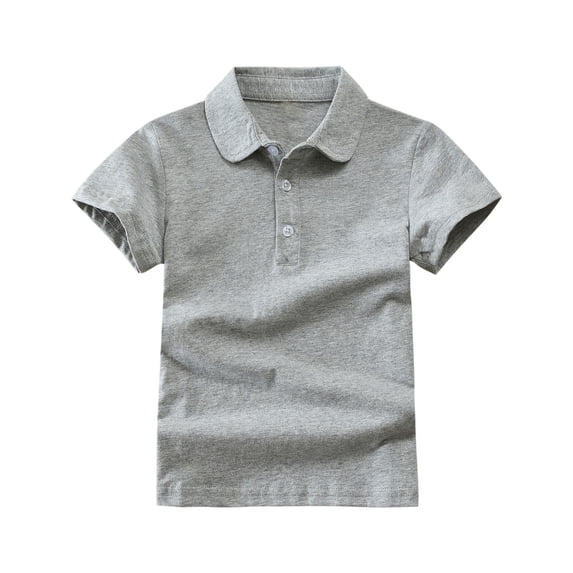 flyskyup Boys Cotton T-Shirts Unisex Turndown Collar Short Sleeve Button Tee Tops Solid Color Summer Comfort School Uniform