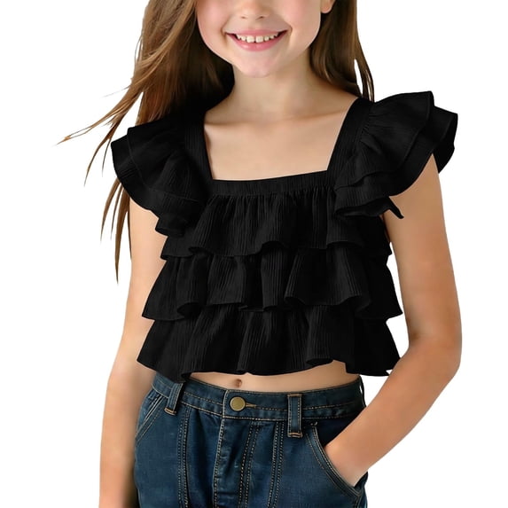 flyskyup Crop Tops for Girls Square Neck Short Flutter Sleeve Tiered Ruffle Cute T-Shirts Summer Beach Vacation Comfy Tees