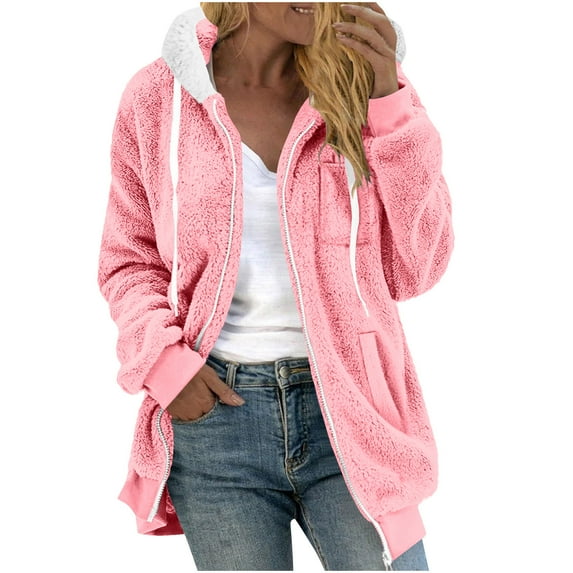 flyskyup Fuzzy Sherpa Jackets for Women Fleece Plush Hooded Coats Warm Outerwear with Pockets