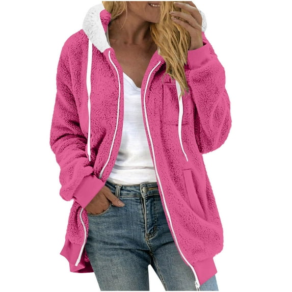 flyskyup Fuzzy Sherpa Jackets for Women Fleece Plush Hooded Coats Warm Outerwear with Pockets