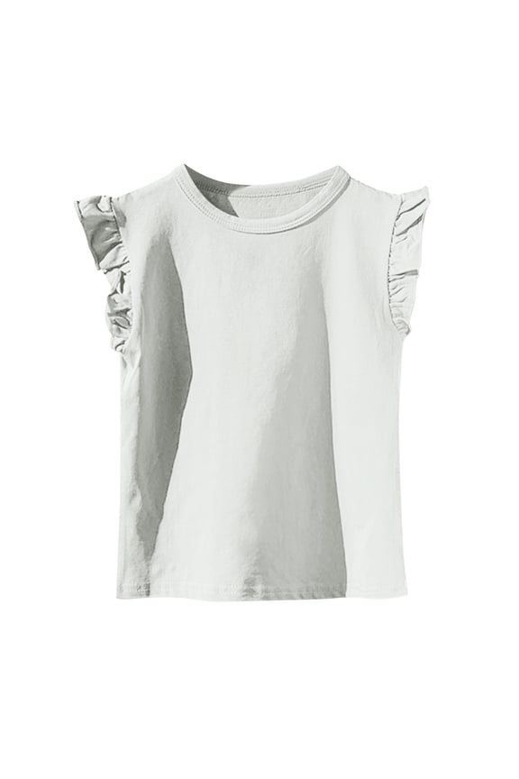 Girls Cotton T-Shirt Crew Neck Flutter Sleeve Stretch Loose Cute Tee Tops Solid Color Summer Pullover Basic Blouses