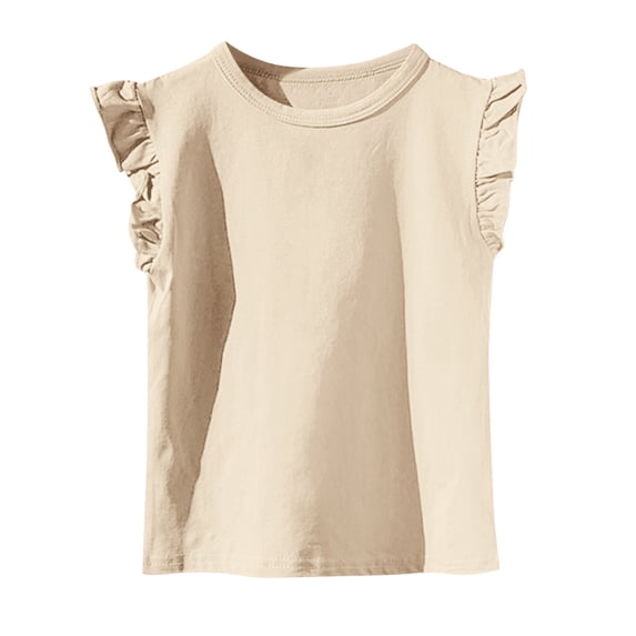 flyskyup Girls Cotton T-Shirt Crew Neck Flutter Sleeve Stretch Loose Cute Tee Tops Solid Color Summer Pullover Basic Blouses