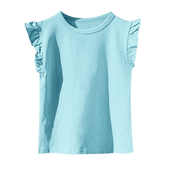 flyskyup Girls Cotton T-Shirt Crew Neck Flutter Sleeve Stretch Loose Cute Tee Tops Solid Color Summer Pullover Basic Blouses