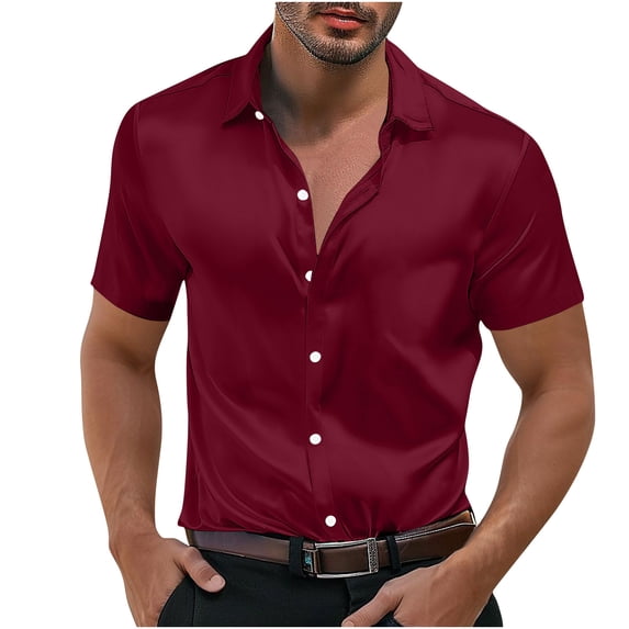 flyskyup Mens Big and Tall Shirts Satin Lapel Short Sleeve Button Down Solid Color Blouses Beach Summer Vacation Smoothing Tops