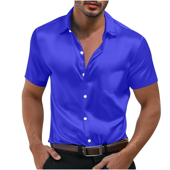 flyskyup Mens Big and Tall Shirts Satin Lapel Short Sleeve Button Down Solid Color Blouses Beach Summer Vacation Smoothing Tops