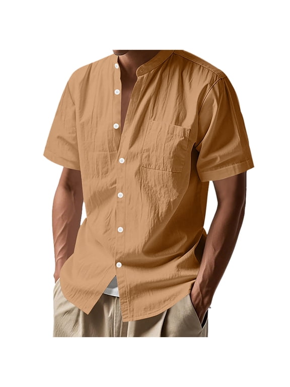 Mens Linen Shirts Collarless Short Sleeve Button Down Lightweight Blouses with Pockets Beach Summer Holiday Tops