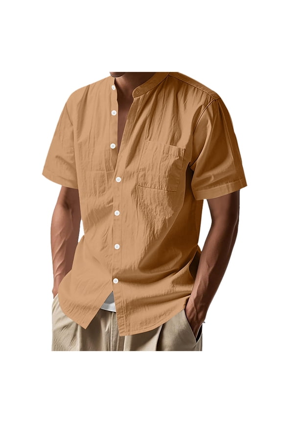 Mens Linen Shirts Collarless Short Sleeve Button Down Lightweight Blouses with Pockets Beach Summer Holiday Tops
