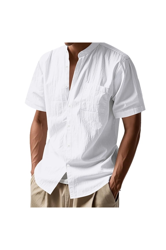 Mens Linen Shirts Collarless Short Sleeve Button Down Lightweight Blouses with Pockets Beach Summer Holiday Tops