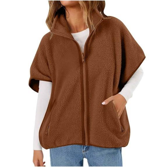 flyskyup Sherpa Vest for Women Short Sleeve Fuzzy Fleece Jacket Warm Coat Outerwear with Pockets