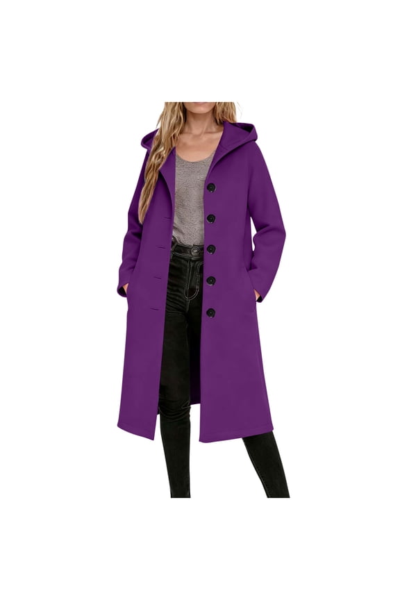 Women's Long Trench Coats Button Down Hooded Trendy Jackets Fall Winter Outwear with Pockets