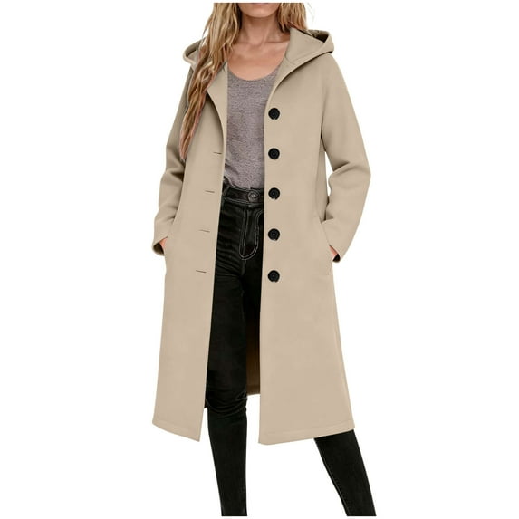 flyskyup Women's Long Trench Coats Button Down Hooded Trendy Jackets Fall Winter Outwear with Pockets