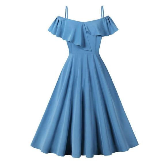 flyskyup Womens Dress Spaghetti Straps Off Shoulder Ruffle Pleated A-Line Cami Dress Elegant Summer Formal Trendy Midi Dress