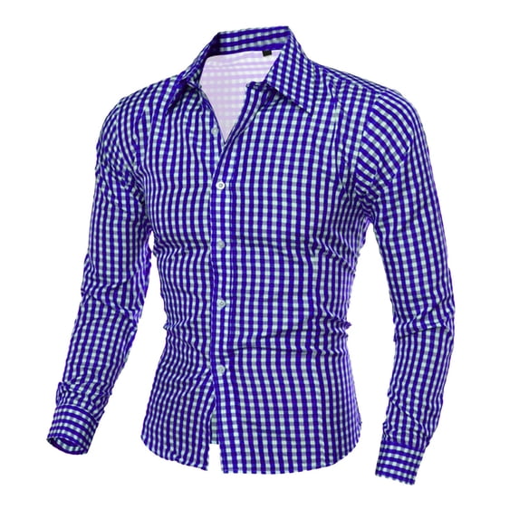 fnnxeal Mens Blue Plaid Gingham Button‑Up Shirt, Slim Fit Long Sleeve Casual Turn‑Down Collar Shirt with Adjustable Cuffs,Size 3XL