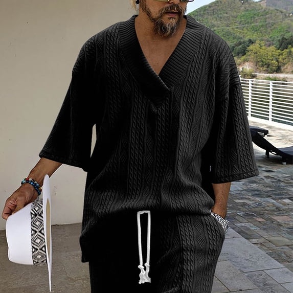 fnnxeal Mens Cable Knit V Neck Short Sleeve Top Oversized Relaxed Fit Wrinkle Resistant Polyester Casual Daily Lounge Shirt BlackSize 2XL