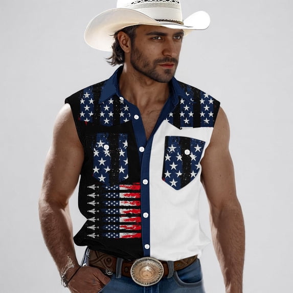 fnnxeal Mens Dark Blue Patriotic Sleeveless Vest Western Cowboy USA Flag Split Print Button Down Top with Chest PocketsSize L