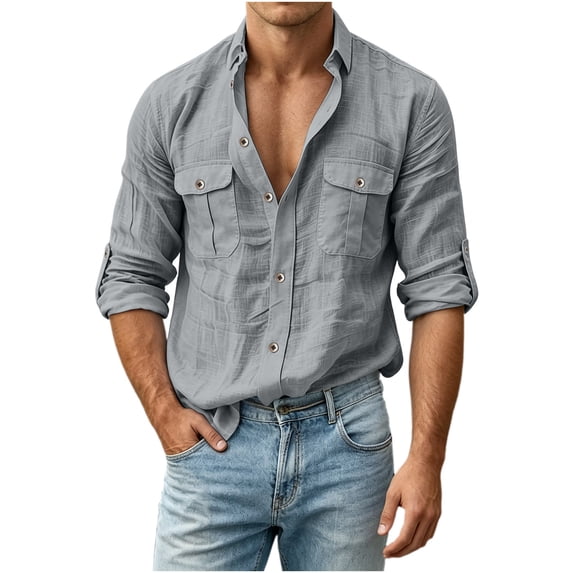 fnnxeal Mens Gray Button Down Long Sleeve Shirt, Roll‑Up Sleeve Relaxed Fit Lapel Collar Shirt with Chest Pockets,Size L