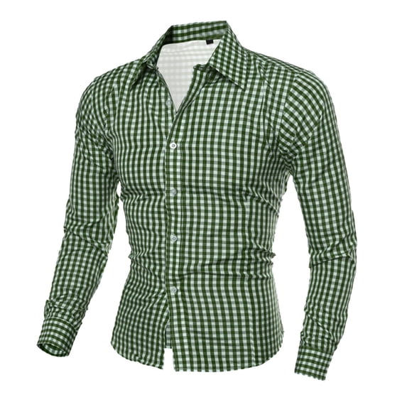 fnnxeal Mens Green Gingham Plaid Button‑Down Casual Shirt, Slim Fit Long Sleeve Turn‑Down Collar Shirt with Adjustable Cuffs,Size L