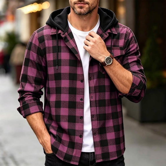 fnnxeal Mens Hot Pink Buffalo Plaid Button‑Up Shirt Jacket, Hooded Relaxed Fit Long Sleeve Casual Layering Outerwear,Size L