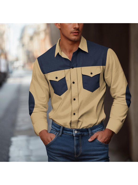 Mens Navy Color‑Block Button Down Shirt, Western Casual Long Sleeve Regular Fit Top with Elbow Patches,Size XL