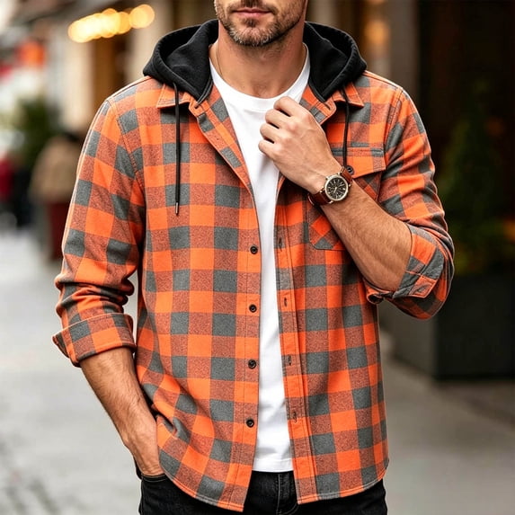 fnnxeal Mens Orange Buffalo Plaid Hooded Button‑Up Shirt Jacket, Relaxed Fit Long Sleeve Casual Layering Outerwear,Size XL