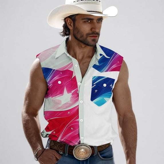 fnnxeal Mens Pink Sleeveless Patriotic Western Button Down Shirt Red White Blue Star Marble Print Stretch Cowboy Casual Tank TopSize M
