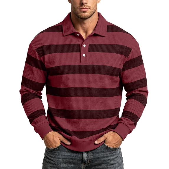 fnnxeal Mens Polo Shirts, Collared Waffle Casual Striped Fall Winter Long Sleeve Wine Polo Shirts for Men Size 3XL