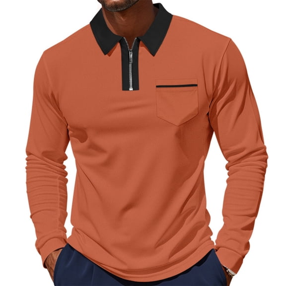 fnnxeal Mens Polo Shirts, Collared Zipper Long Sleeve Fall Winter Casual Pocket Orange Polo Shirts for Men Size 3XL