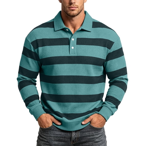 fnnxeal Mens Polo Shirts, Fall Winter Casual Collared Striped Waffle Long Sleeve Sky Blue Polo Shirts for Men Size L