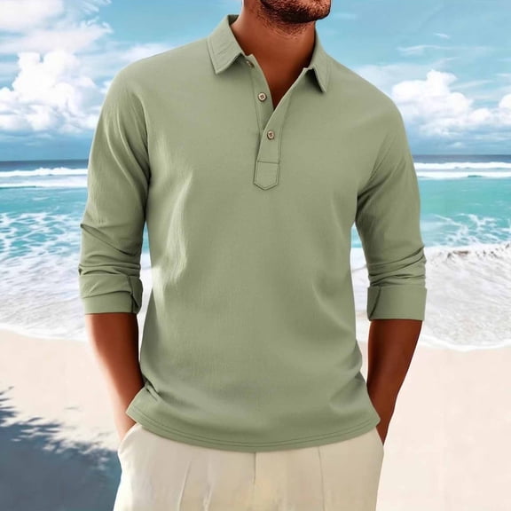 fnnxeal Mens Polo Shirts, Fall Winter Casual Fashion Collared Long Sleeve Button Army Green Polo Shirts for Men Size 2XL