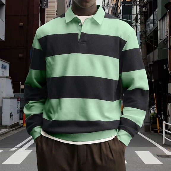 fnnxeal Mens Polo Shirts, Striped Collared Long Sleeve Casual Button Fall Winter Green Polo Shirts for Men Size L