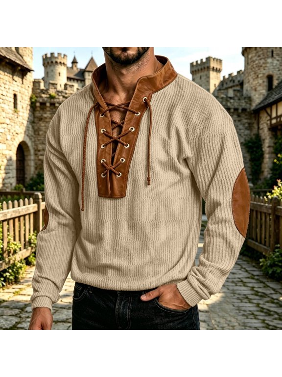 Mens Ribbed Lace Up Mock Neck Pullover Vintage Long Sleeve Top with Elbow Patches Khaki Size S
