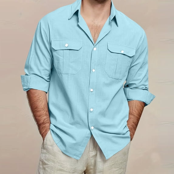 fnnxeal Mens Sky Blue Cotton Linen Casual Button Down Shirt, Roll‑Up Long Sleeve Relaxed Fit Breathable Top with Chest Pockets,Size XL