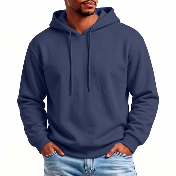 fnnxeal Mens Sweatshirts Casual Solid Drawstring Long Sleeve Hoodie Fall Navy Sweatshirts for Men Size 2XL