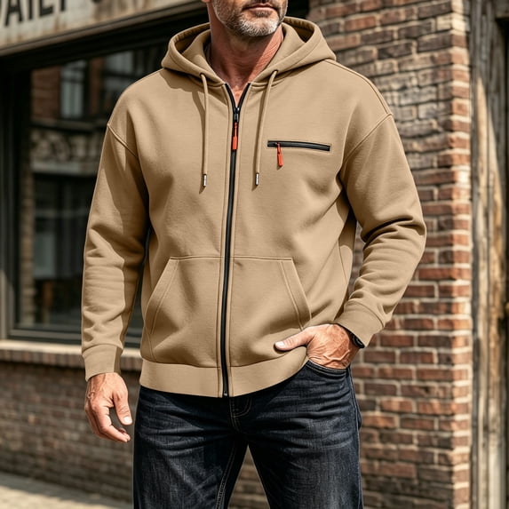 fnnxeal Mens Sweatshirts Fall Long Sleeve Solid Zipper Hoodie Casual Khaki Sweatshirts for Men Size M